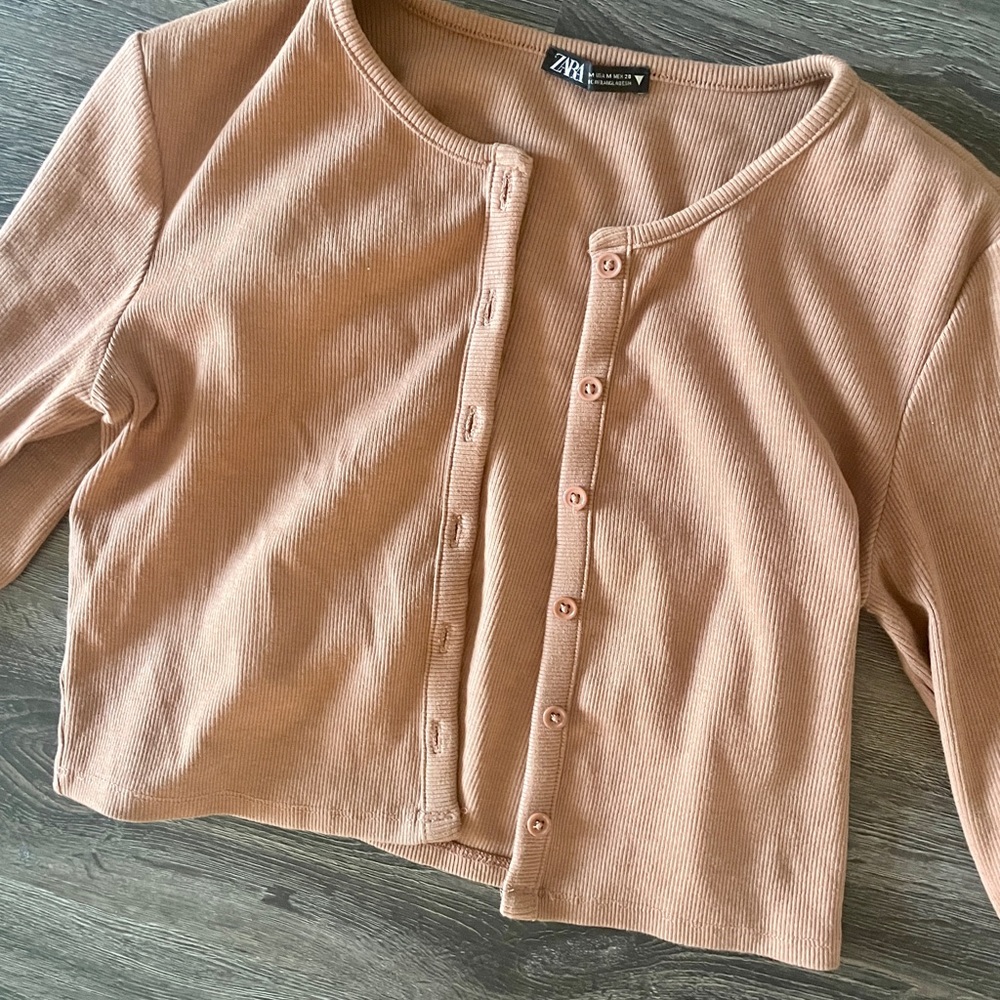 WOMENS ZARA BROWN CROPPED BUTTON UP CARDIGAN